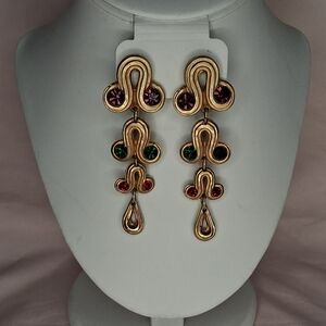 Vintage Etruscan Leo Arch Graduated Design Dangle Tri-Color Crystal Earrings RLP